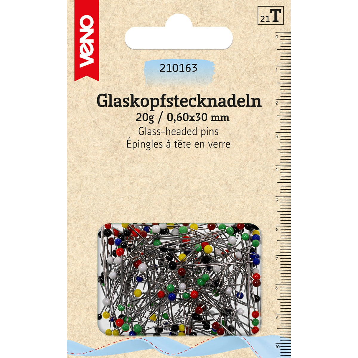 Glaskopfstecknadeln von VENO, mit hitzebeständigem Glaskopf – ideal für präzise Näharbeiten, Patchwork und Bügelarbeiten.